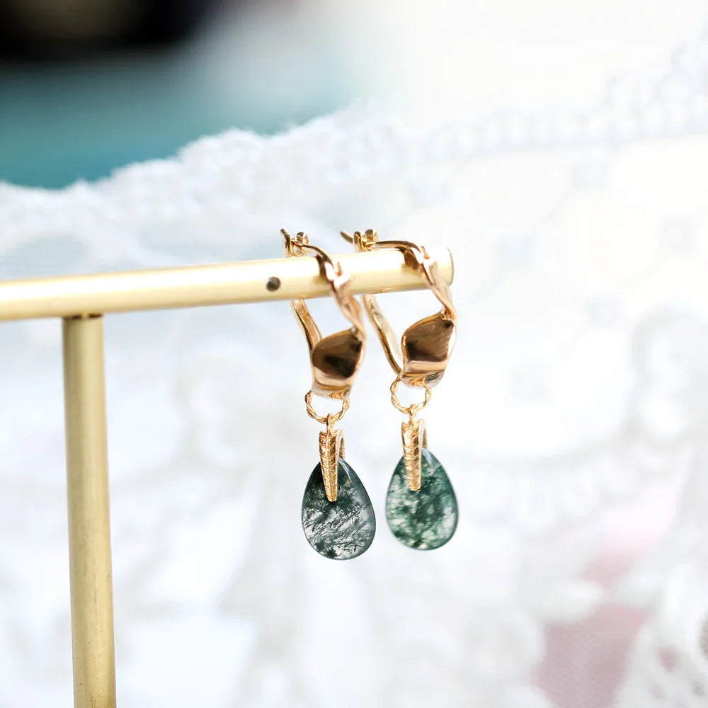 Gold plated Natural Moss Green Agate Earrings