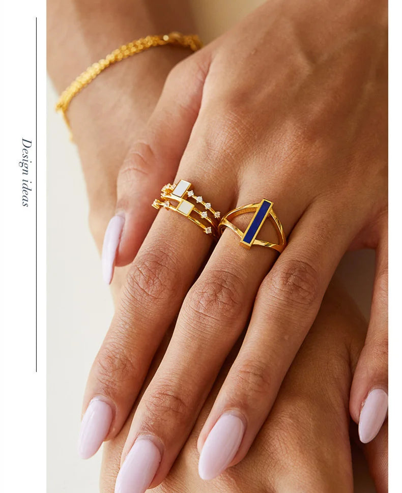 925 Silver 18K Gold Plated Lapis Lazuli Geometric Ring