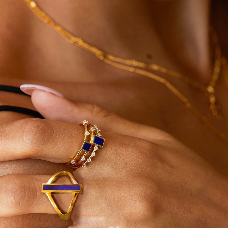 925 Silver 18K Gold Plated Lapis Lazuli Geometric Ring