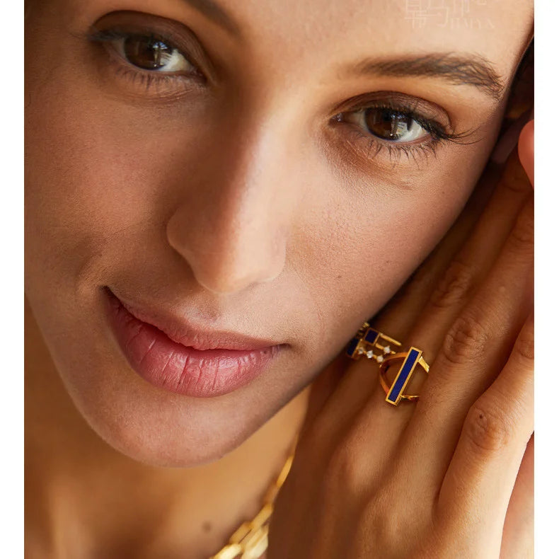 925 Silver 18K Gold Plated Lapis Lazuli Geometric Ring