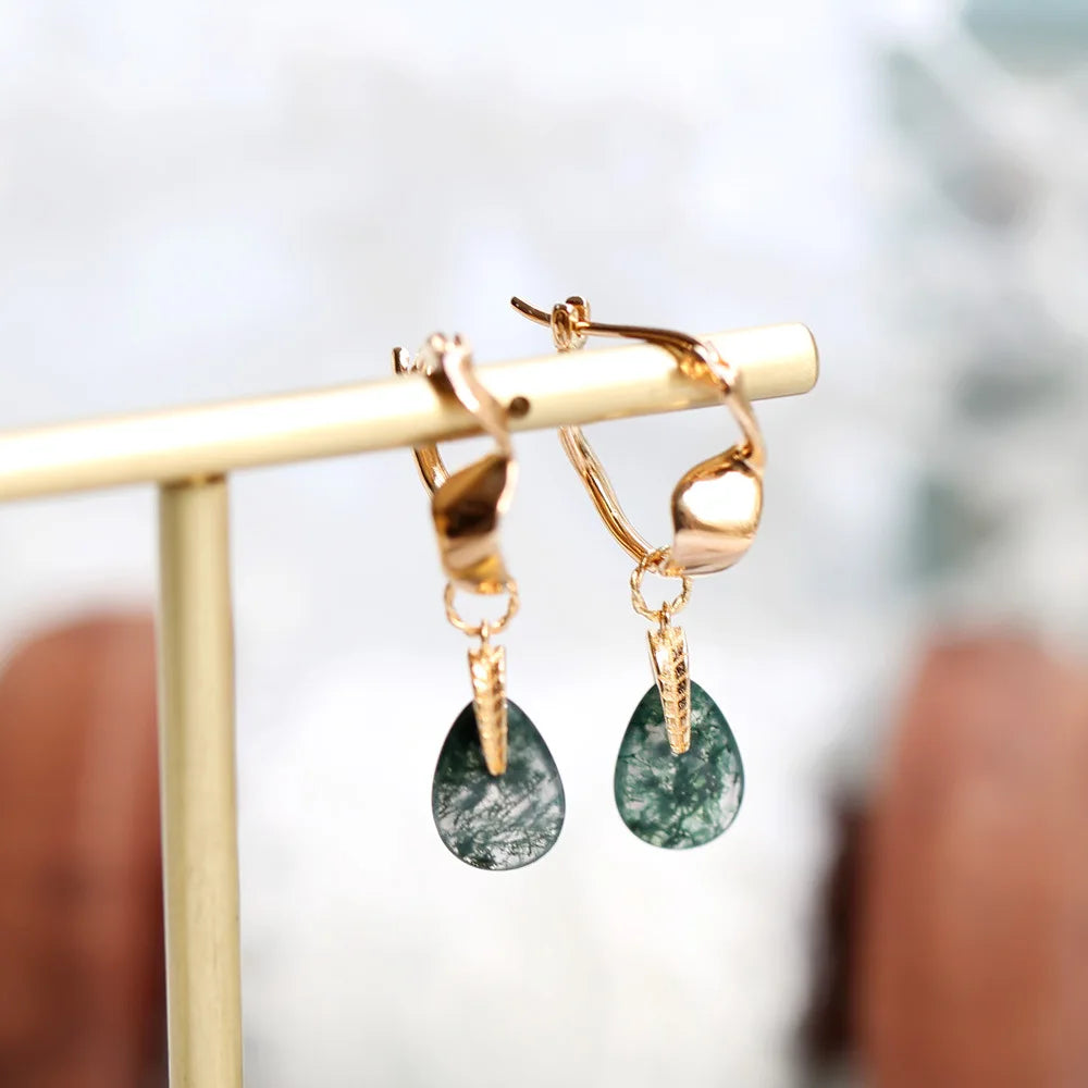 Gold plated Natural Moss Green Agate Earrings