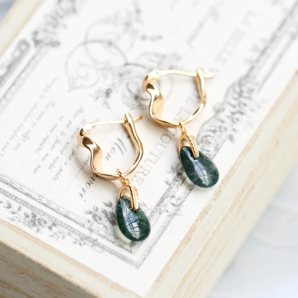 Gold plated Natural Moss Green Agate Earrings