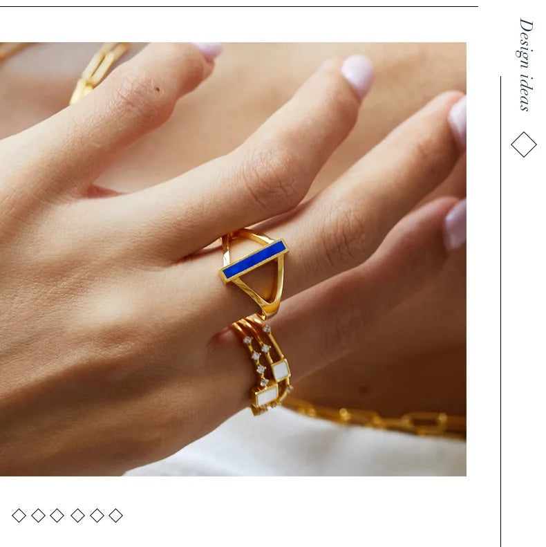 925 Silver 18K Gold Plated Lapis Lazuli Geometric Ring