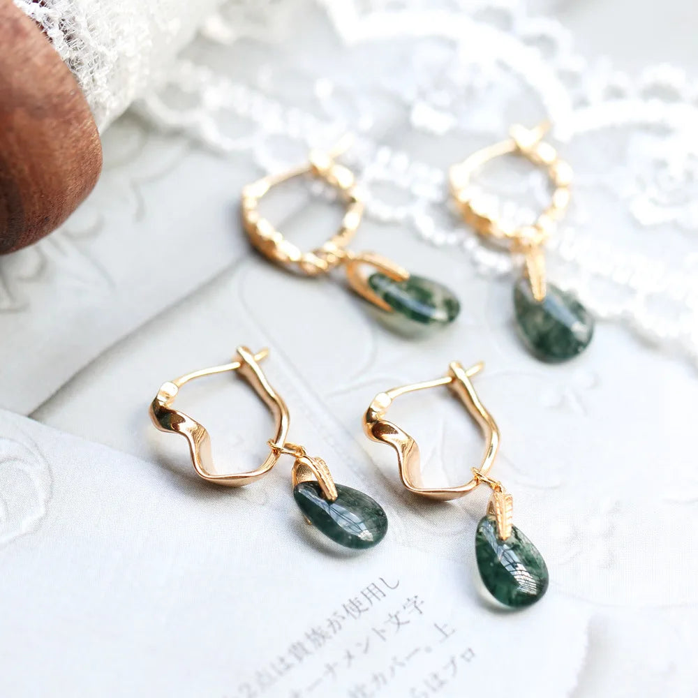 Gold plated Natural Moss Green Agate Earrings