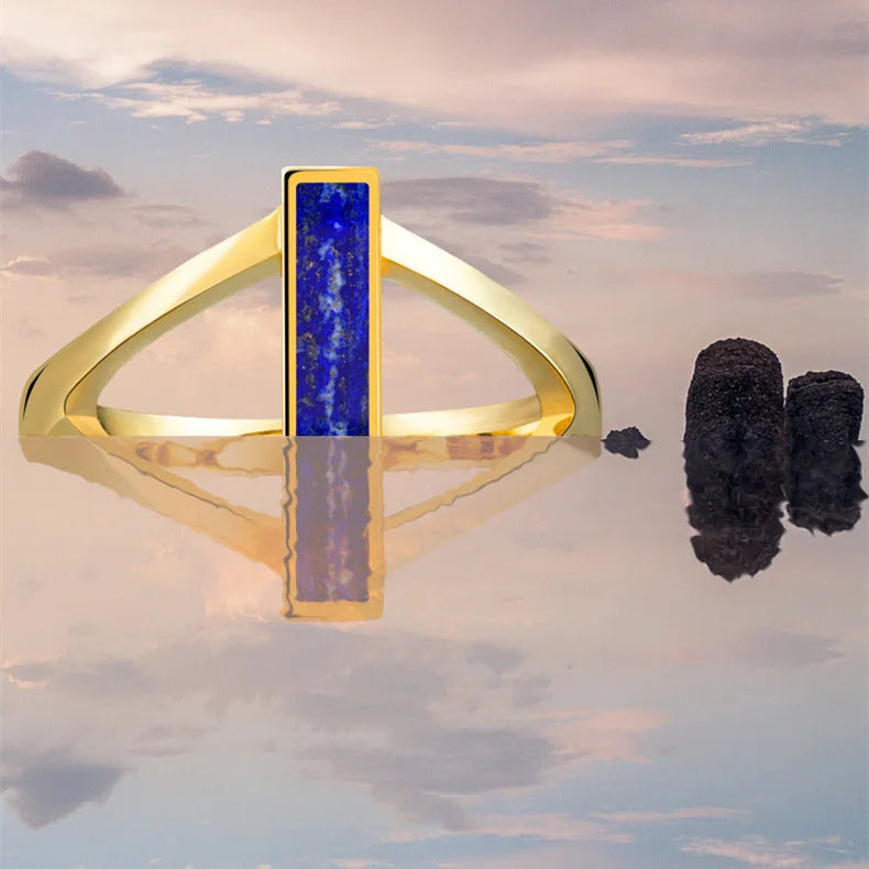 925 Silver 18K Gold Plated Lapis Lazuli Geometric Ring