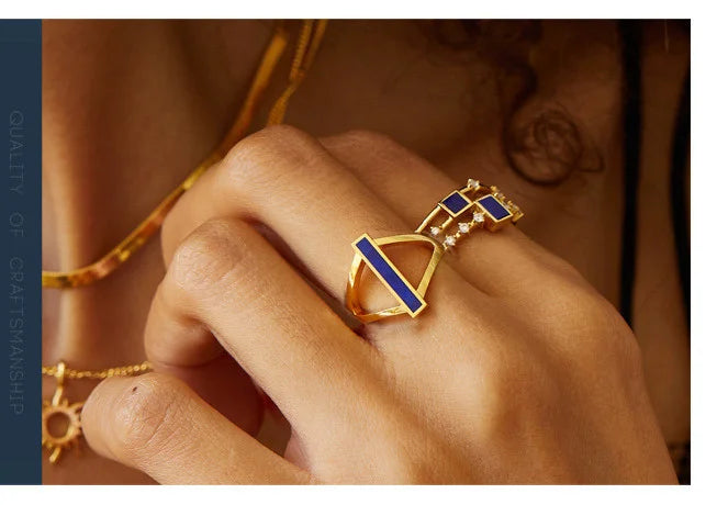 925 Silver 18K Gold Plated Lapis Lazuli Geometric Ring