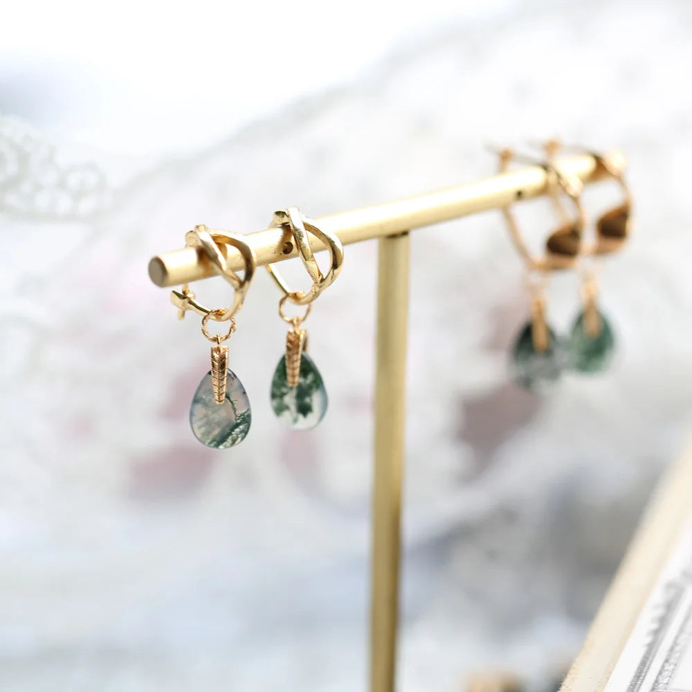 Gold plated Natural Moss Green Agate Earrings