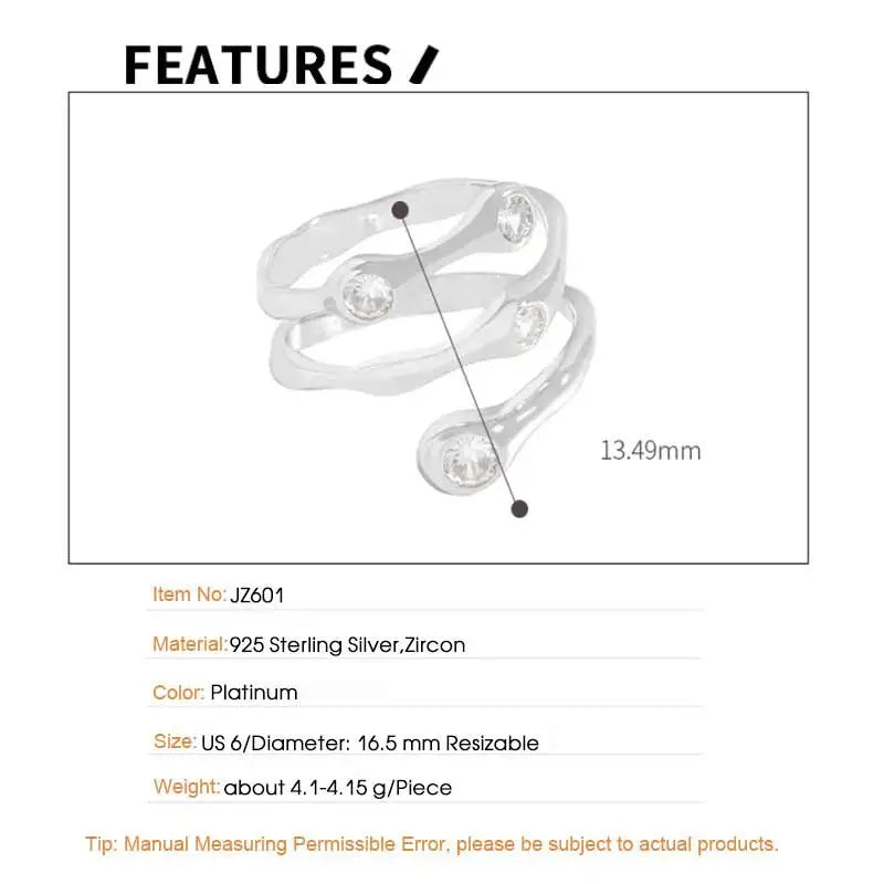 F.I.N.S Luxury S925 Sterling Silver Zircon Opening Ring Women Irregular Multi-Layer Cubic Zirconia Finger Fashion Fine Jewelry