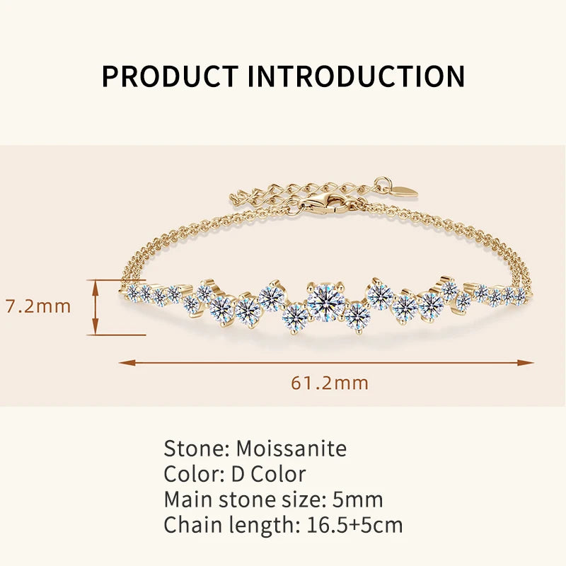 Moissanite Bracelet With Certificate 925 Sterling Silver Adjustable Double Chain Bracelets for Women Wedding Jewelry Gift
