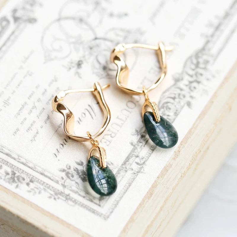 Gold plated Natural Moss Green Agate Earrings