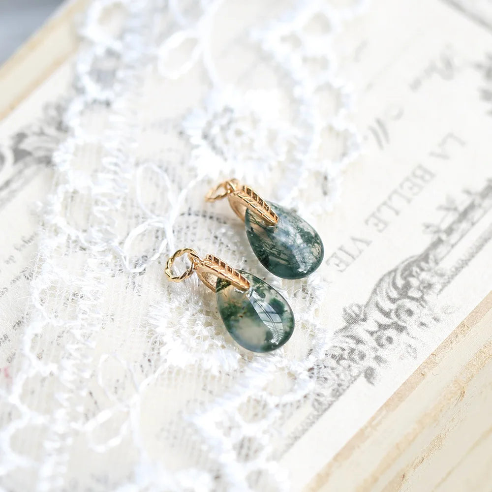 Gold plated Natural Moss Green Agate Earrings