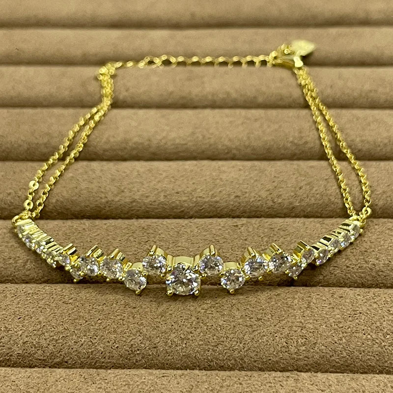 Moissanite Bracelet With Certificate 925 Sterling Silver Adjustable Double Chain Bracelets for Women Wedding Jewelry Gift