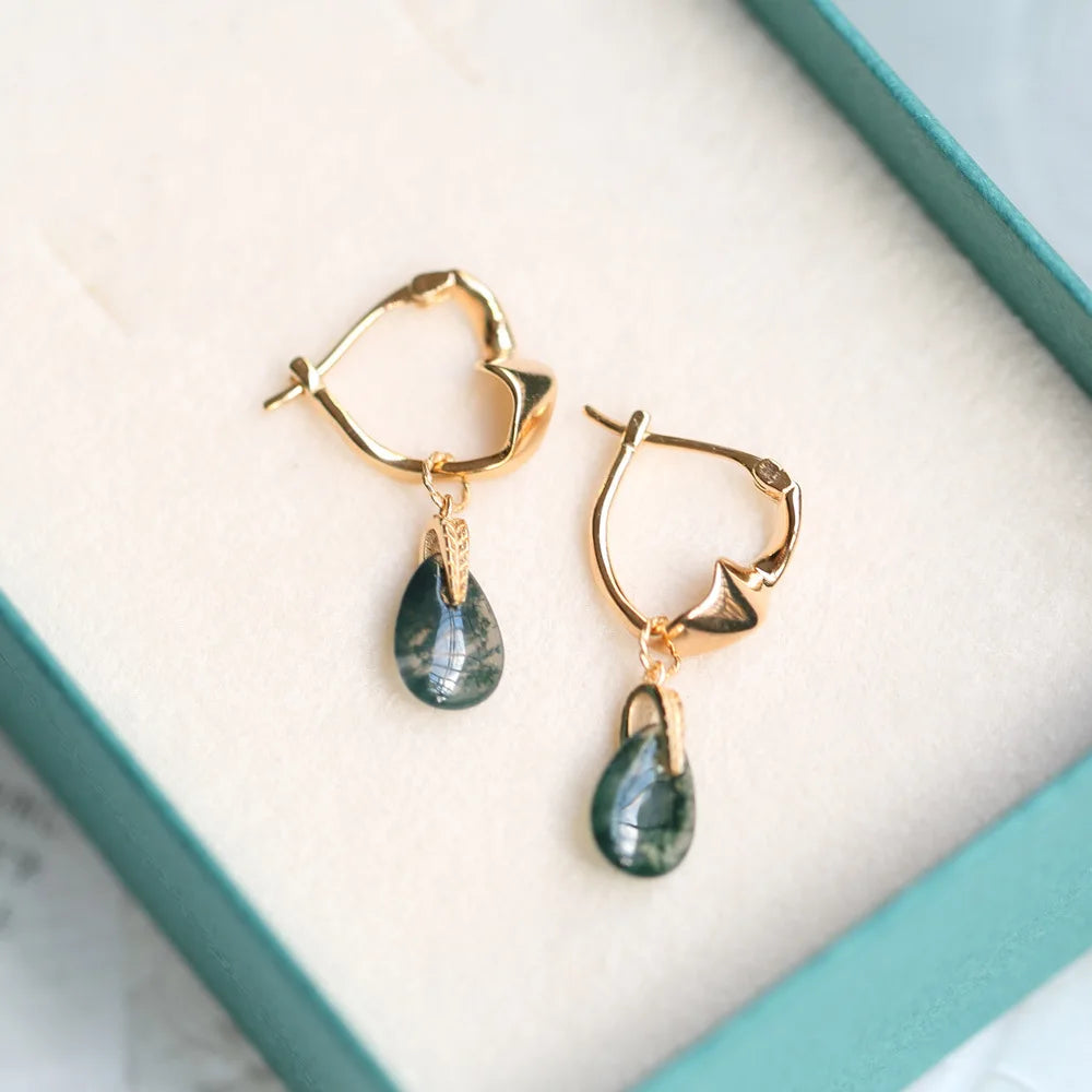 Gold plated Natural Moss Green Agate Earrings