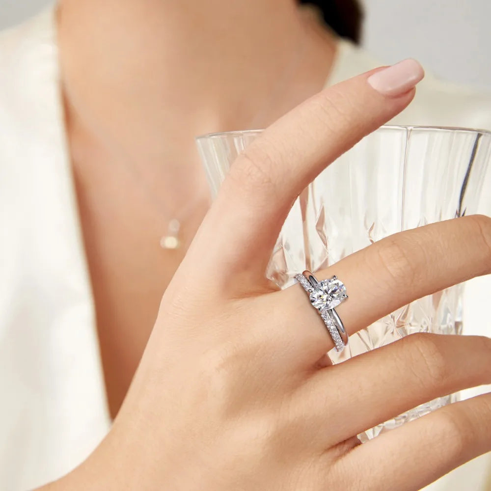 Orelia Full Moissanite Engagement Wedding Ring Set for Women 2ct Oval Cut Promise Rings & 925 Wedding Bands Lab Diamond Jewelry