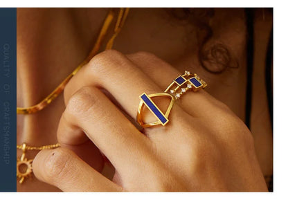 925 Silver 18K Gold Plated Lapis Lazuli Geometric Ring