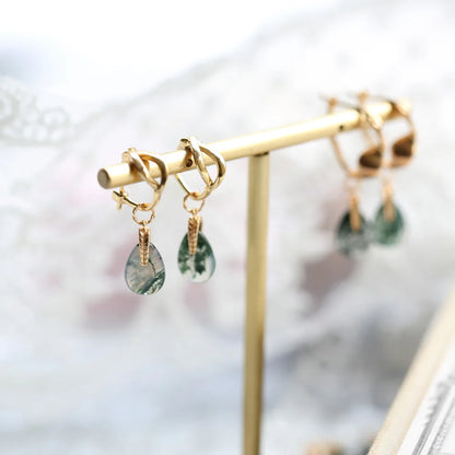 Gold plated Natural Moss Green Agate Earrings