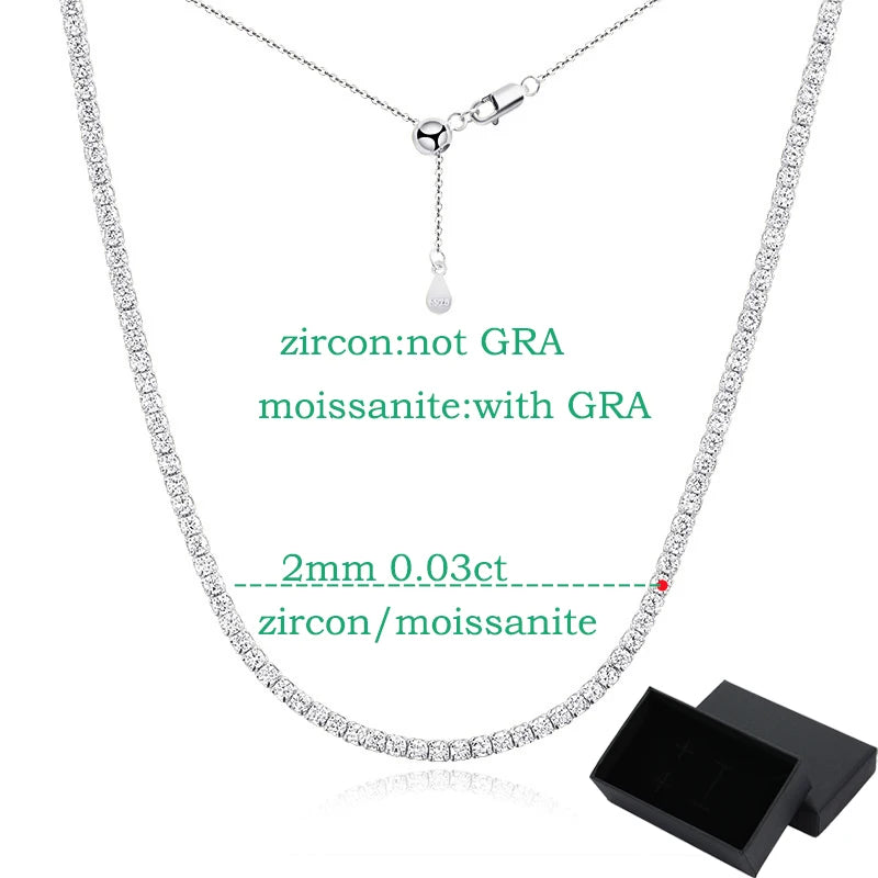 2mm All moissanite Tennis Necklace for Women Man Adjustable Choker Chain 100% 925 Sterling Silver Jewelry