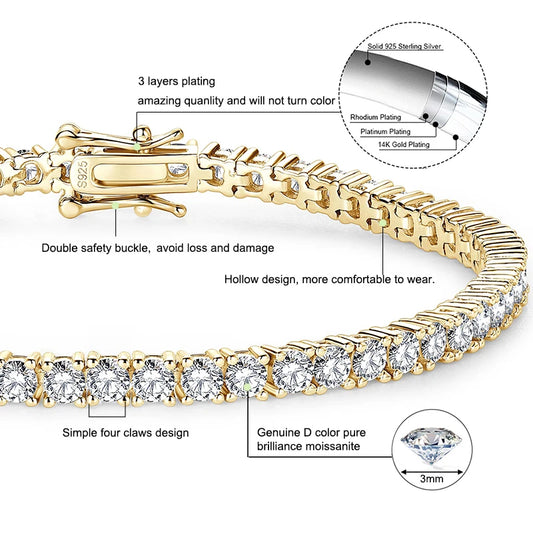 925 Sterling Silver Plated 14K Gold Tennis Bracelet 3mm 5mm D VVS1 Round Moissanite Bracelets for Women Men Couples Gifts
