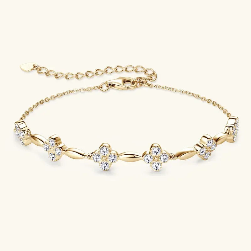 2mm Moissanite Bracelet 925 Sterling Silver Four-leaf Flower Adjustable Chain Bracelets for Women Girl Charm Hand Jewelry