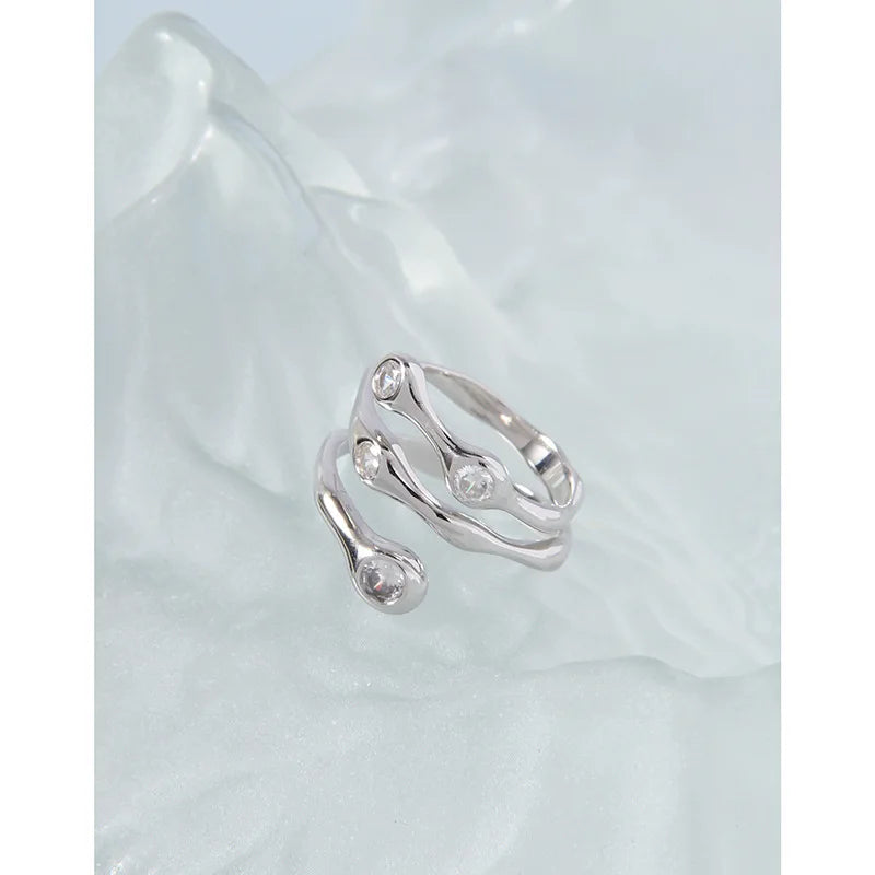 F.I.N.S Luxury S925 Sterling Silver Zircon Opening Ring Women Irregular Multi-Layer Cubic Zirconia Finger Fashion Fine Jewelry