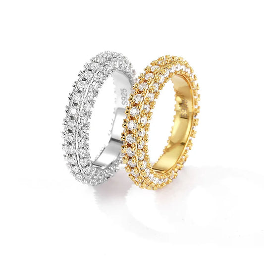 ORELIA Full Moissanite Rings S925 Silver 18K Gold Plate 3-Row Lab-grown Diamond For Women Wedding Band Fine Jewelry GRA Certified
