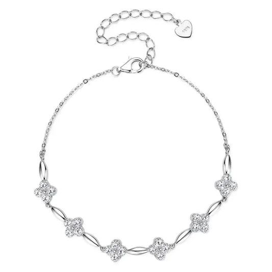 2mm Moissanite Bracelet 925 Sterling Silver Four-leaf Flower Adjustable Chain Bracelets for Women Girl Charm Hand Jewelry