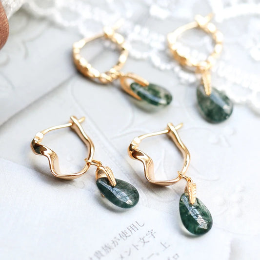 Gold plated Natural Moss Green Agate Earrings